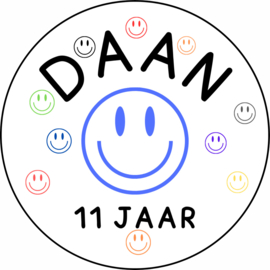 Sticker | Smiley + naam + leeftijd | 5 cm | vanaf 10 stuks