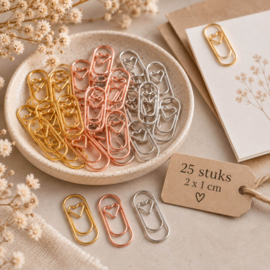 Paperclips met hartje 2 × 1 cm – goud, roségoud & zilver