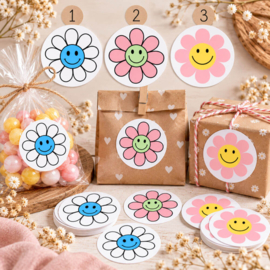 Bloemen Stickers met Smiley voor Traktatie en Cadeau - 5 stuks
