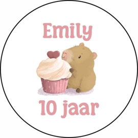 Capibara traktatie stickers, naam & leeftijd, 5 cm, 10 stuks