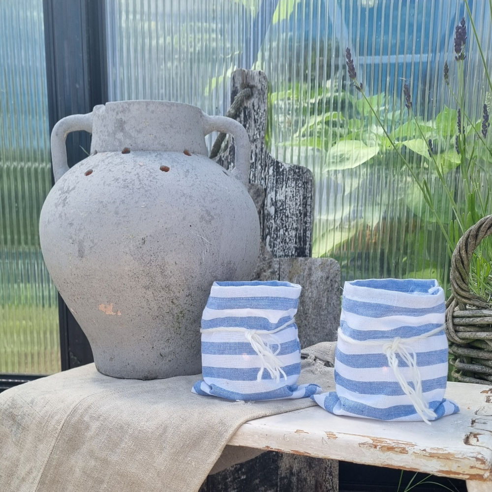 Windlichtje | linnen streepje blauw/wit