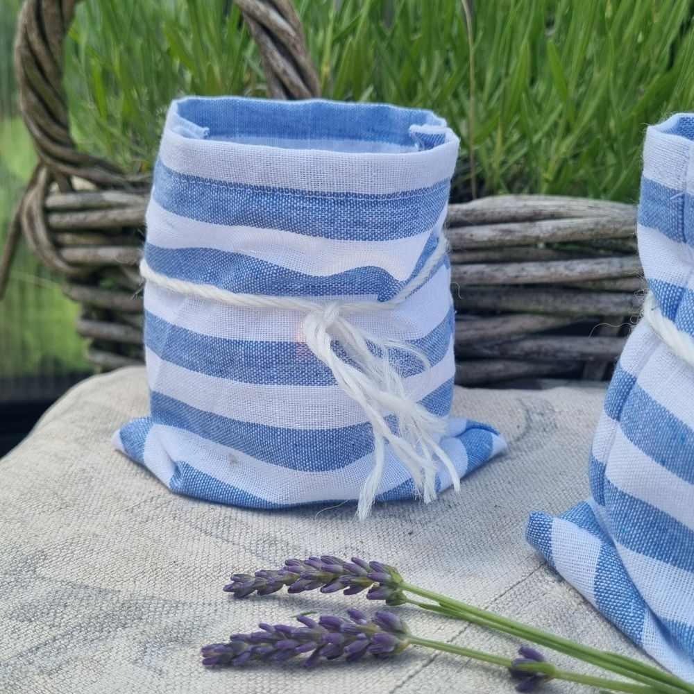 Windlichtje | linnen streepje blauw/wit