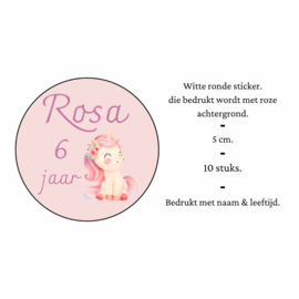 Traktatiesticker | Unicorn |  + naam + leeftijd | 5 cm | vanaf 10 stuks