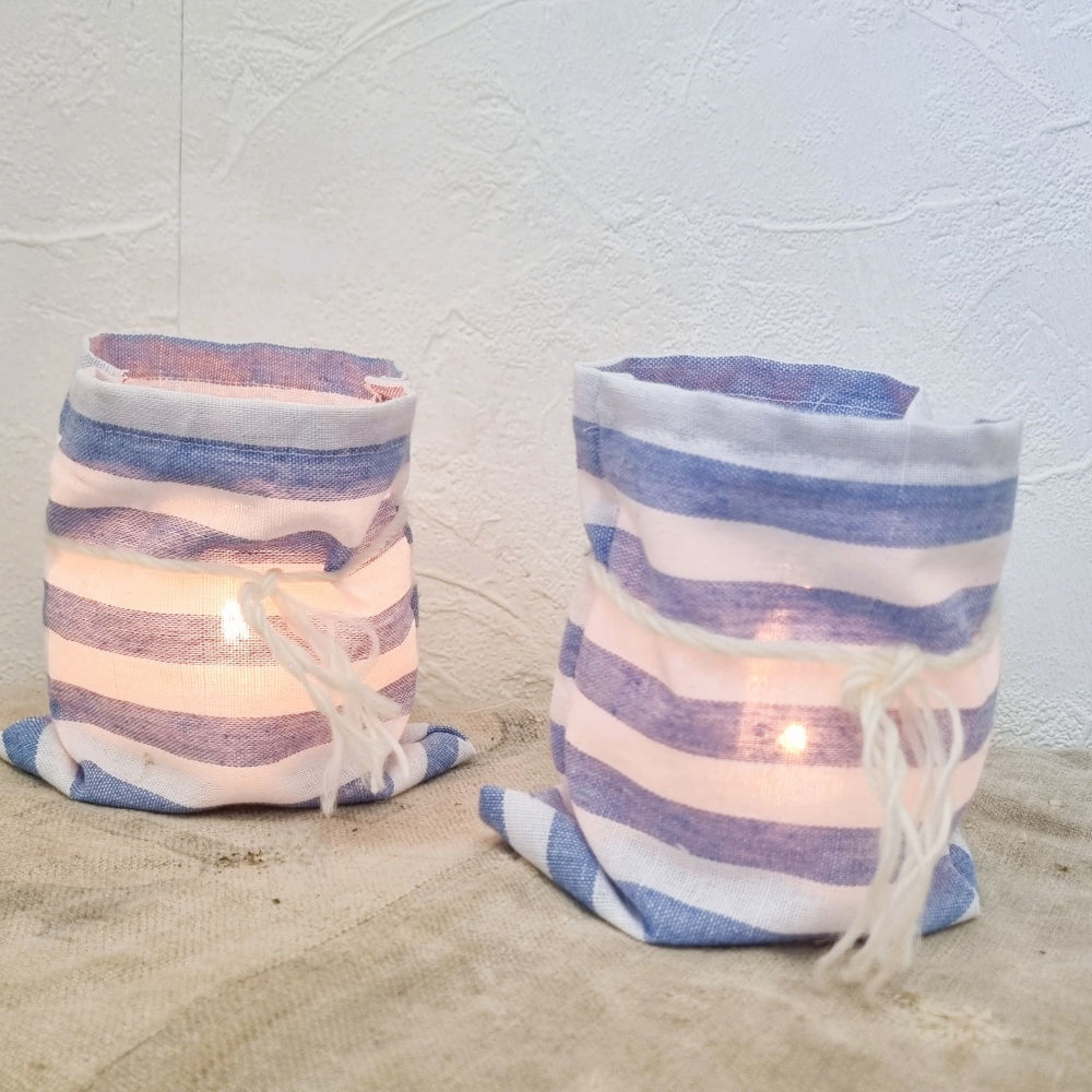 Windlichtje | linnen streepje blauw/wit