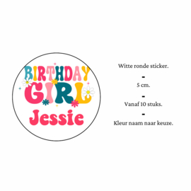 Traktatiesticker | Birthday Girl | + naam | 5 cm | 10 stuks
