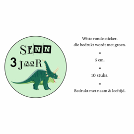 Traktatiesticker | Dino |  + naam + leeftijd | 5 cm | 10 stuks