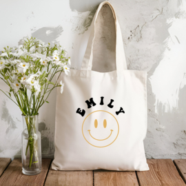 Katoenen tas | smiley + naam | met lange hengsels