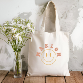 Katoenen tas | smiley + naam | met lange hengsels