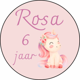 Traktatiesticker | Unicorn |  + naam + leeftijd | 5 cm | vanaf 10 stuks