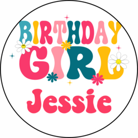 Traktatiesticker | Birthday Girl | + naam | 5 cm | 10 stuks
