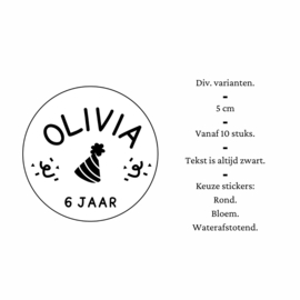 Traktatiestickers | Feestmuts | + naam + leeftijd | div. varianten | 10 stuks
