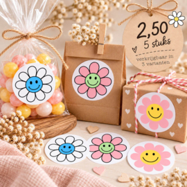Bloemen Stickers met Smiley voor Traktatie en Cadeau - 5 stuks