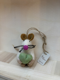 Vilten Hanger | Witte Muis met Groen  Hart