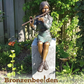 Bronzen tuinbeeld meisje op fluit BBW1259br