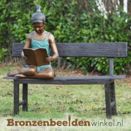 Bronzen tuinbeeld meisje op bankje BBW97206br