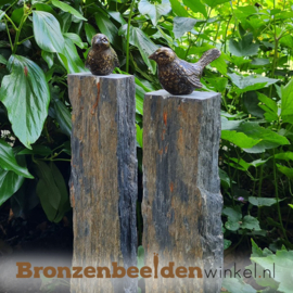 Grafsteen alternatief leisteen zuilen met bronzen vogeltjes BBW80007