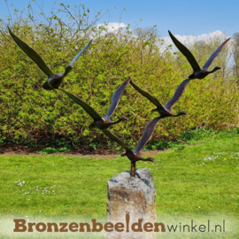 Vogel tuinbeeld ''De 5 ganzen'' op Basalt sokkel
