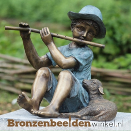 Bronzen jongen met fluit en lam BBW0687br