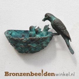 NR 7 | Bronzen vogel beeld ''Muurdecoratie vogeltjes met moeder'' BBW0398br