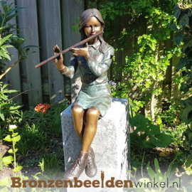 Bronzen tuinbeeld meisje op fluit BBW1259br