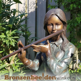 Bronzen tuinbeeld meisje op fluit BBW1259br