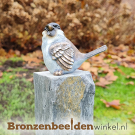 Bronzen zittend musje in kleur BBWF6532fa01