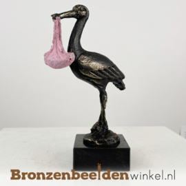 Beeldje ooievaar met meisje "Hoera! een dochter" BBW23bp07r