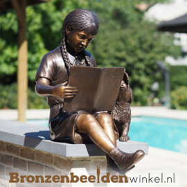 Bronzen lezend meisje met hondje BBW810-1