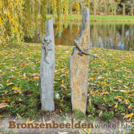 Bronzen hagedis beeldjes op twee zuiltjes BBWR1112