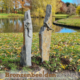 Bronzen hagedis beeldjes op twee zuiltjes BBWR1112