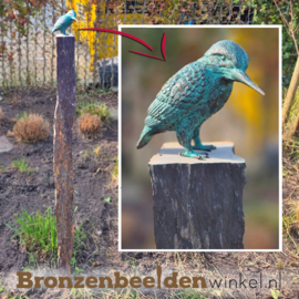 Beeld ijsvogel op leisteen sokkel voor in de tuin BBW1539br