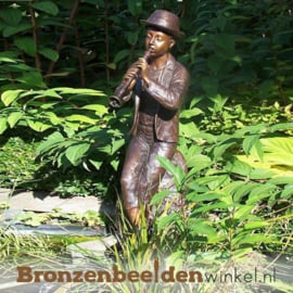 Bronzen fluitspelende jongen tuinbeeld - XL versie BBW0603brxl