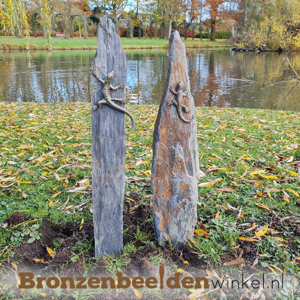 Bronzen hagedis beeldjes op twee zuiltjes BBWR1113