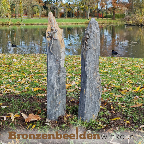 Bronzen hagedis beeldjes op twee zuiltjes BBWR1114