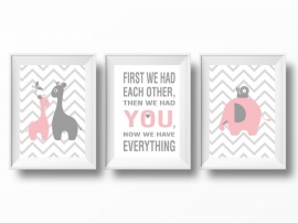 Babykamer poster set giraffen, olifant en tekst
