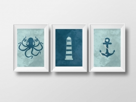 Poster set octopus, vuurtoren en anker