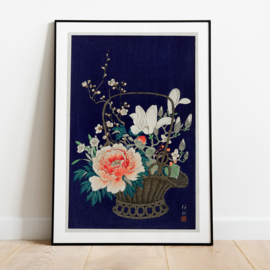 Japanse kunstposter Bloemen in bamboe mand