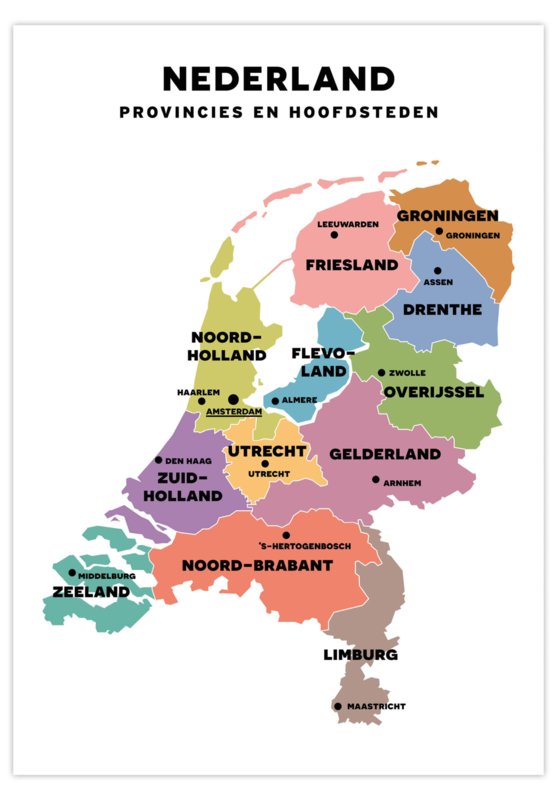 Poster Nederland met provincies en hoofdsteden