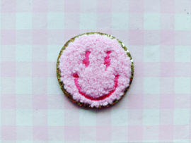 Strijkapplicatie badstof smiley met bliksem ogen roze