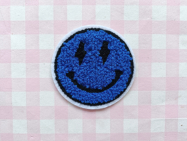 Strijkapplicatie badstof smiley met bliksem ogen donkerblauw