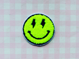 Strijkapplicatie badstof smiley met bliksem ogen neon geel