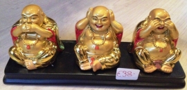 3 Golden Buddha Statues, Hearing, Seeing and Silence 20cm