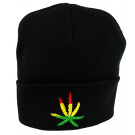 Rollmütze schwarz mit Rasta Hanf Blatt