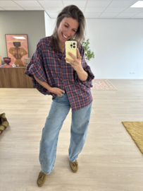 Check puff button blouse 2.0 - bordeaux/blue