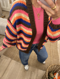 Stripe colour knitted cardigan Azzurro - dark brown