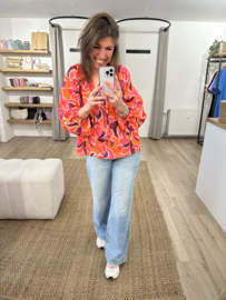 Print wide cotton blouse Azzurro - fuchsia
