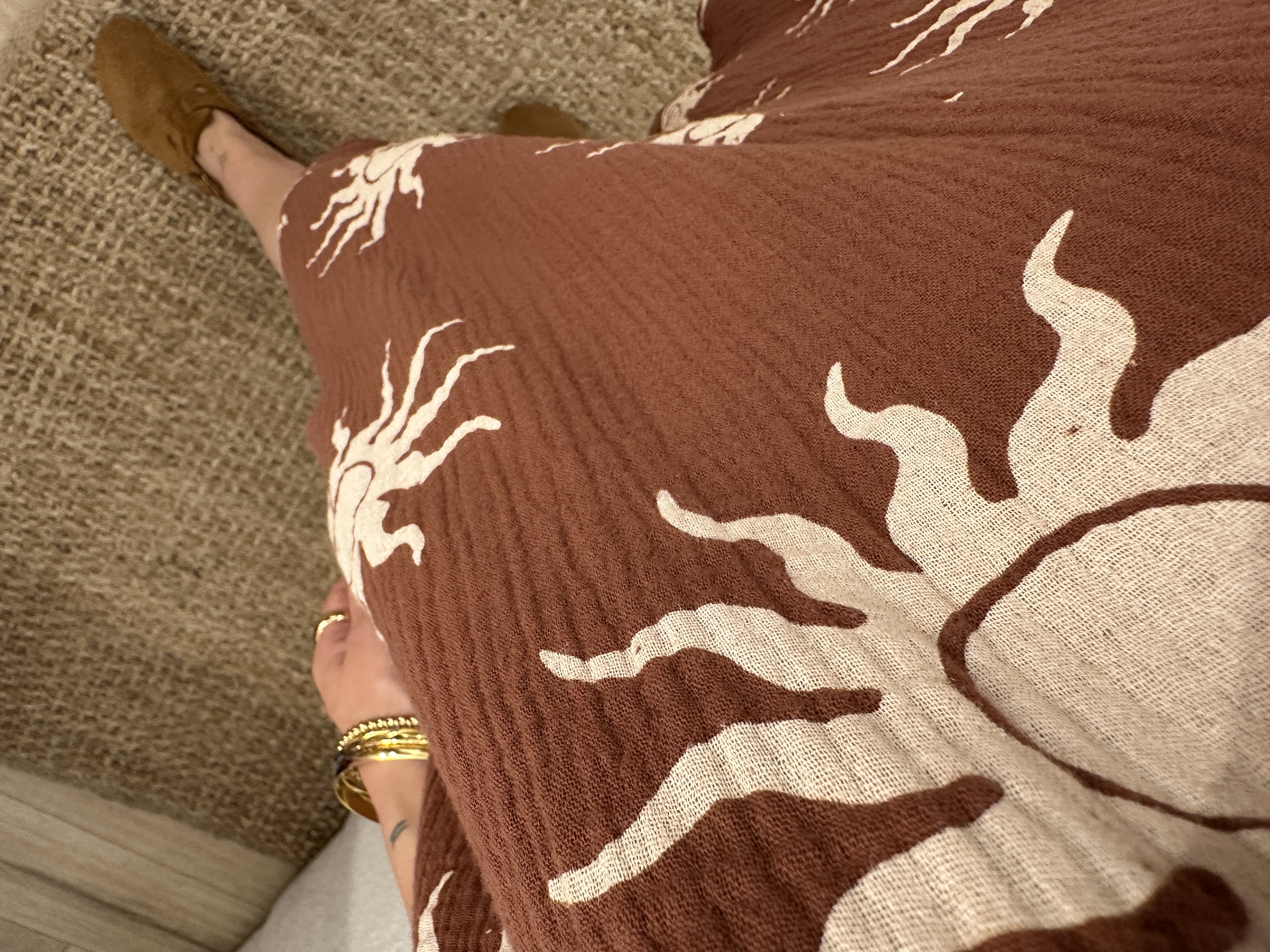 Cotton waffle print dress - brown