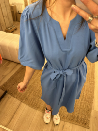 Puff pocket V-dress Azzurro - blue
