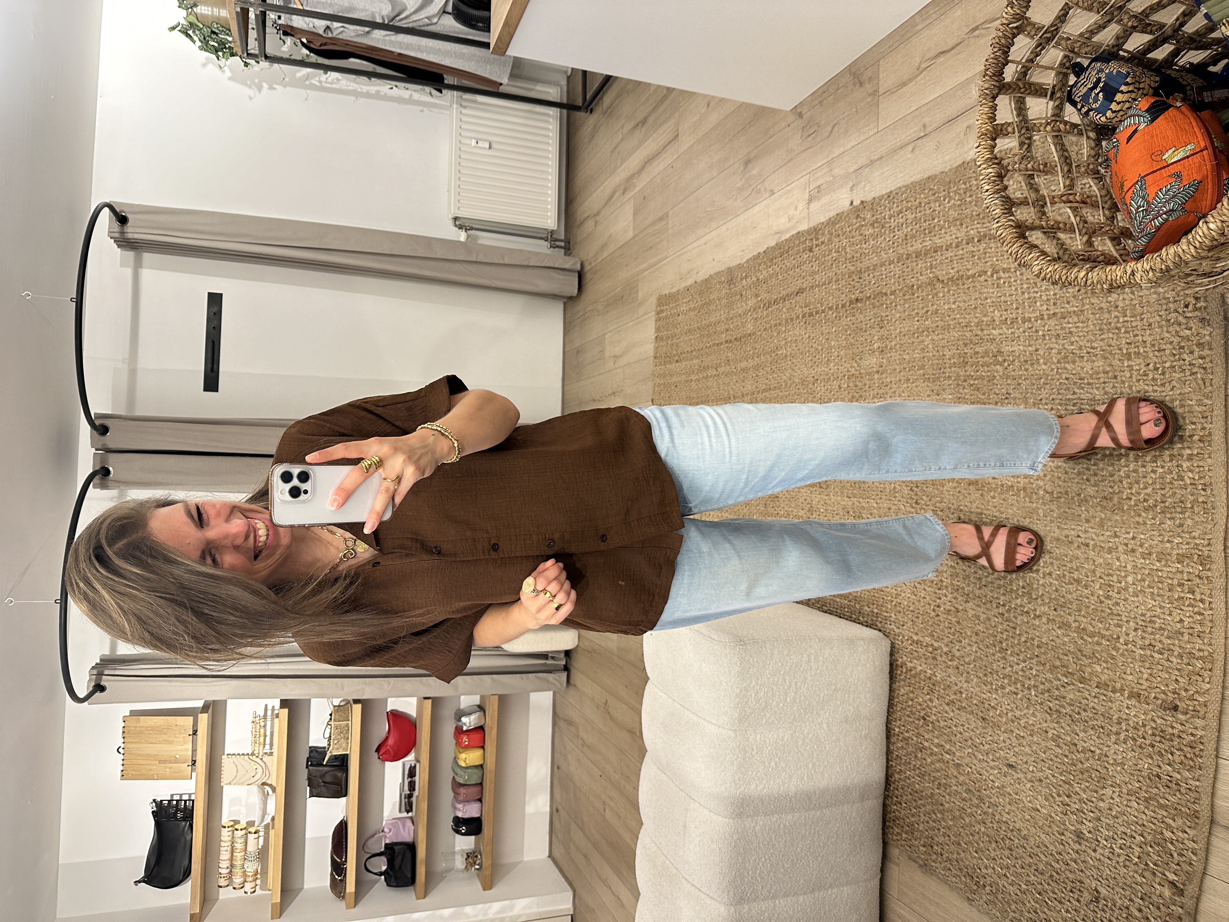 Linen mix short blouse Azzurro - dark brown