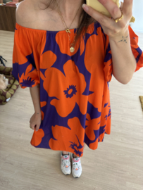 Print off shoulder dress - purple/orange